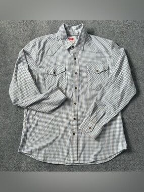 Wrangler Western Shirt Mens Large Plaid Button Up Metal Buttons Blue